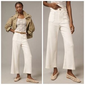 Maeve The Colette Contrast-Stitch Linen Crop Wide-Leg Pants In Ivory Size 27
